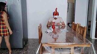 oh wow a maid is diving into this wild fetish right in front of the guy caring for her at home with those charming natural tits