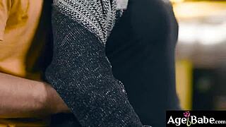 Young guy slams old woman's pussy spooning from behind. She cums on his shaft.