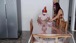 oh wow a maid is diving into this wild fetish right in front of the guy caring for her at home with those charming natural tits