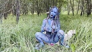 Monika Fox as avatar uses big dildo for anal and pussy fucking with squirting and prolapse in outdoor forest cosplay.
