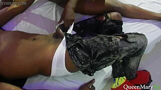 Step brother catches ebony teen masturbating naked on phone watching porn, then fucks her hairy pussy hard in doggystyle so she won't tell dad