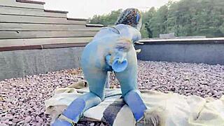 Monika Fox as avatar uses big dildo for anal and pussy fucking with squirting and prolapse in outdoor forest cosplay.