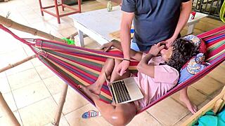 Flow Gets Caught Masturbating On Patio Hammock, Leading To Interracial Pussy Licking And Wet Sex