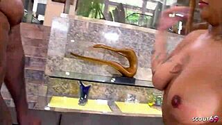 curvy huge ass inked ebony bitch with oiled tits and booty caught and seduced to fuck by bbc