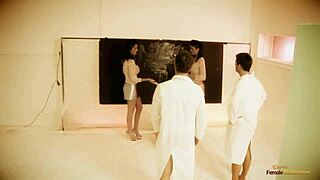 Two Horny Brunette Babes in Fishnets Suck Cocks and Ride Doggystyle Before Facial Cumshots