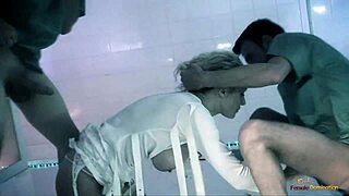 blonde hottie gets off watching crazy chick take on two guys with blowjob and riding