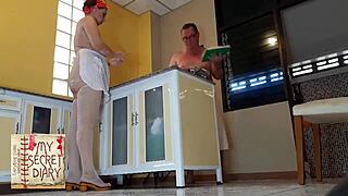 Naked Cooking with Nudist Housekeeper as Nude Maid and Housewife in Kitchen