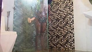 Hot Ebony Milf Caught Using New Toy in Shower Then Rides Interracial Dick in Bathroom Quickie