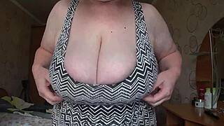 big gorgeous tits of chubby bbw milf swing in close-up view during her solo session