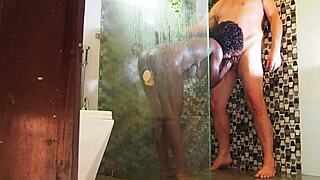 Hot Ebony Milf Caught Using New Toy in Shower Then Rides Interracial Dick in Bathroom Quickie