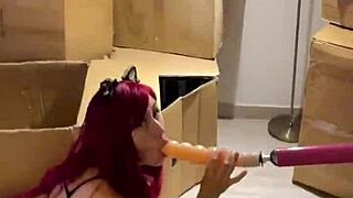 i'm a cute teen 18+ cat girl getting deep throat fucked by sex machine with huge dildo. hardcore fetish blowjob and sucking action.