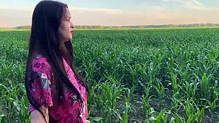 Stepsister got nervous in cornfield and grabbed stepbrother's big cock for comfort!