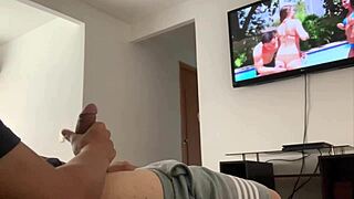 thought i was alone at home but my stepmom caught me masturbating in the living room and joined in