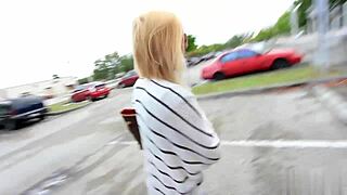 Cheating blonde soccer mom from florida sucks big black cock outside in public reality scene. Her pretty face gets covered in interracial cumshot after deepthroat blowjob.