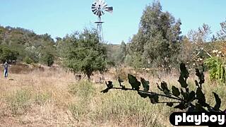 Stunning blonde milf Jennifer Love rips lingerie to reveal petite small tits body outdoors.