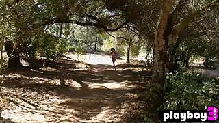 Stunning blonde milf Jennifer Love rips lingerie to reveal petite small tits body outdoors.