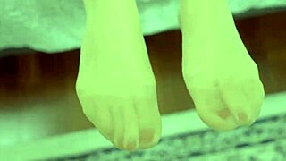 Dominant sexy blonde demands cum on her nylon-covered feet after intense foot fetish play.