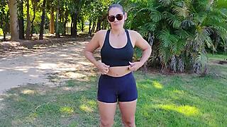 police arrived right when brazilian milf was sucking young guy in public park forest flashing leggings shorts sneakers teasing wet pussy outdoor amateur