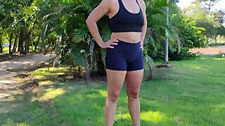 police arrived right when brazilian milf was sucking young guy in public park forest flashing leggings shorts sneakers teasing wet pussy outdoor amateur