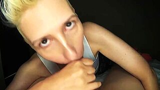 Short hair blonde girlfriend sucks cock like a whore with cum in mouth and facial swallow