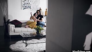 Krissy Lynn and her lesbian friend got horny after kissing and shared a guy's big cock in hardcore threesome action