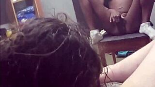 wife skips cleaning to suck cock in homemade interracial blowjob. her petite black body and saggy tits shine as she enjoys the intimate foreplay.