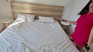 Sharing Hotel Room With Brunette Stepmom Leads To Close Up Views Of Big Natural Tits And Hairy Pussy