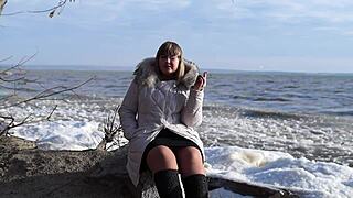 pissing outdoors smoking and flashing hairy pussy under short skirt