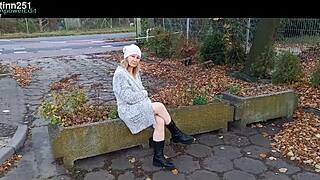 Out in public flashing those natural tits while stripping down