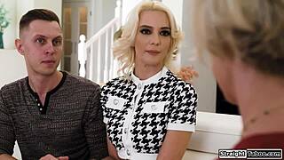 husband cums only with stepmom in threesome blowjob deepthroat fucking licking shaved pussy