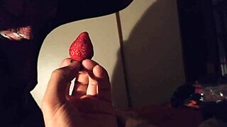 Chubby milf stuffs strawberries and cream into pussy then gives blowjob in fishnets fetish homemade video