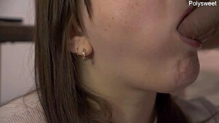 Blowjob super close-up ends with cum in mouth