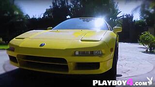 Petite ebony milf with big tits and ass washes acura nsx in lingerie outdoors