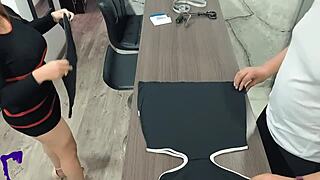 Hot Latina milf client contrasts seduction of her tailor during fitting with creampie after passionate sex