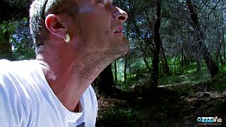 brunette milf meets guy in forest by accident for deepthroat blowjob and outdoor missionary sex with cum in mouth