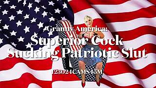 Granny America shows off superior cock sucking skills as patriotic slut with deepthroat pov action!