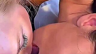 in this backstage competition, a busty blonde milf and a teen brunette compete in vertical mobile pov blowjob and deepthroat action, licking balls and getting sloppy with a big cock.