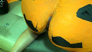 Hey, this curvy milf stepmom in costume is begging for me to fuck her pumpkin with a dildo on Halloween