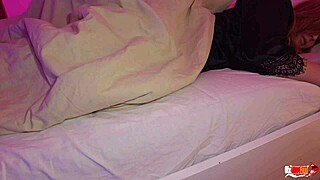 stepmom shares bed with stepson who masturbates her pussy then she blows him and swallows cum on face