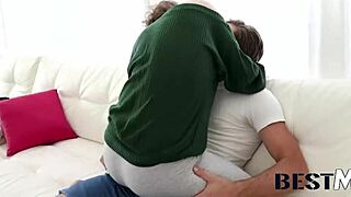 Her fantasy turns real as Nathan falls under her spell with cum in mouth on sofa. Cowgirl riding brings intense facial for curvy milf.