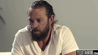 Big tits curvy mature MILF feels intense desire walking in on cheating husband and joins for petite blowjob.