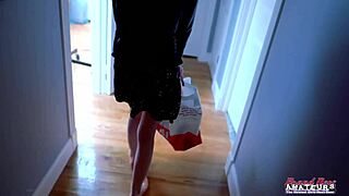 Skinny nerdy brunette Hazel OConnor rings bell and sucks juicy cock.