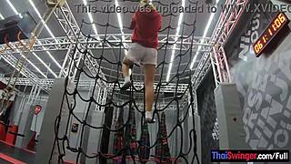 my thai amateur milf girlfriend is having fun on trampoline then we fuck doggystyle at home pov