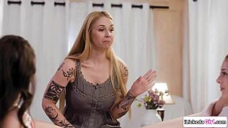 stepmom and stepdaughter devour teen bff's hairy pussy together