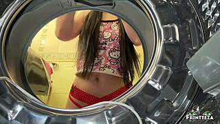 Stepdad rams stepdaughter stuck in washing machine as stepmom nearly catches Halloween fuck