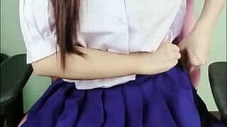 Asian Schoolgirl In Uniform Spreads Pussy For Intense Camera Masturbation And Wild Glass Dildo Humping
