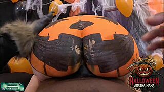 Mama's Brazilian milf Halloween jack o'lantern gets BBC anal pounding!