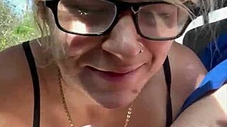 glasses hooker kneels public sucking old man for cash cumshot mouthful