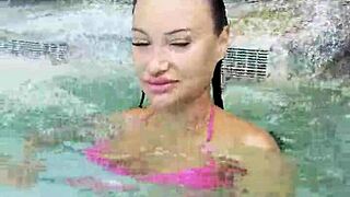 hot monika fox pink bikini pool swim public strut