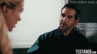 Tiny blonde teen student takes janitor's cock in hairy cunt